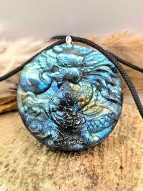 Nature Labradorite Oriental Dragon Big Pendant Necklace